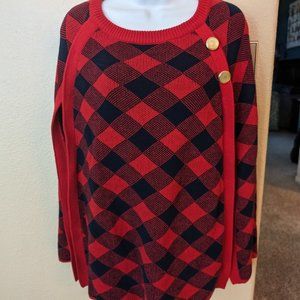Crown + Ivy Plaid Cape/ Poncho Red + Black Knit Gold Buttons Petite OS